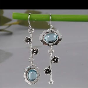 Vintage Metal Craftsman Carved Petal Earrings Set With Blue Moonstone Boho Look
